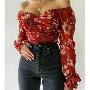 Privy Red Corset Top Sweetheart Neckline Blouse Sheer Sleeve Ruched Milkmaid M